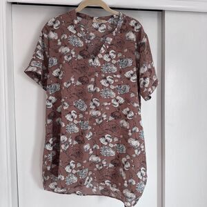 Timeson Short Sleeve Tan Light Brown Floral Flowy Blouse XL EUC